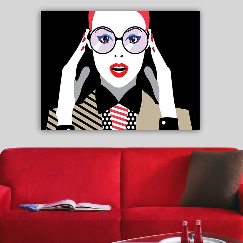 Lerretsbilde 70x100 cm - Stilisert kvinne med store briller som uttrykker overraskelse eller sjokk - Rød / Svart / Hvit - Interiør - Maleri & posters - Lerretsbilder