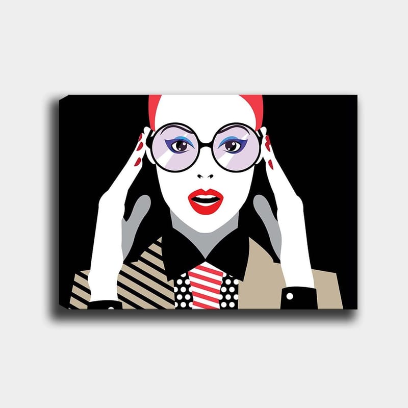 Lerretsbilde 70x100 cm - Stilisert kvinne med store briller som uttrykker overraskelse eller sjokk, Rød / Svart / Hvit