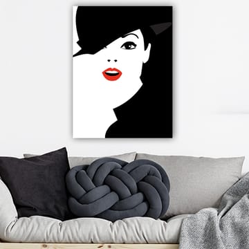 Lerretsbilde 70x100 cm - Stilisert kvinne med svart hatt og røde lepper - Svart / Hvit / Rød - Interiør - Maleri & posters - Lerretsbilder