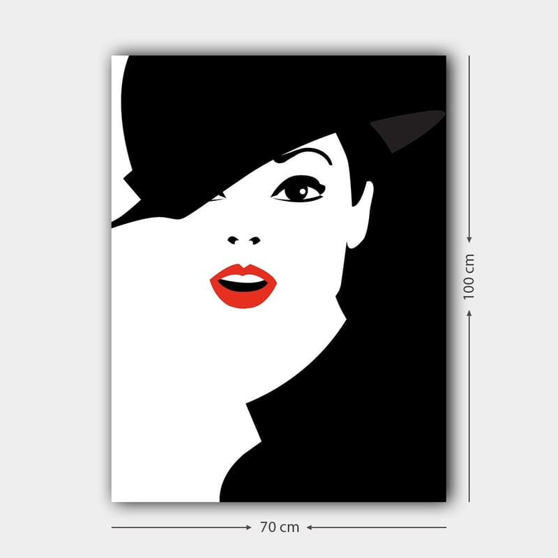 Lerretsbilde 70x100 cm - Stilisert kvinne med svart hatt og røde lepper - Svart / Hvit / Rød - Interiør - Maleri & posters - Lerretsbilder