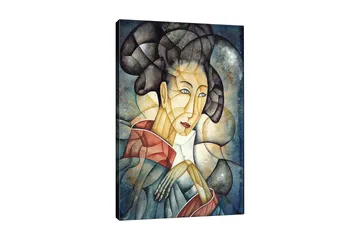 Lerretsbilde 70x100 cm - Stilisert kvinne med tradisjonelle klær og en tankefull positur - Mørk blå / Beige / Rød - Interiør - Maleri & posters - Lerretsbilder