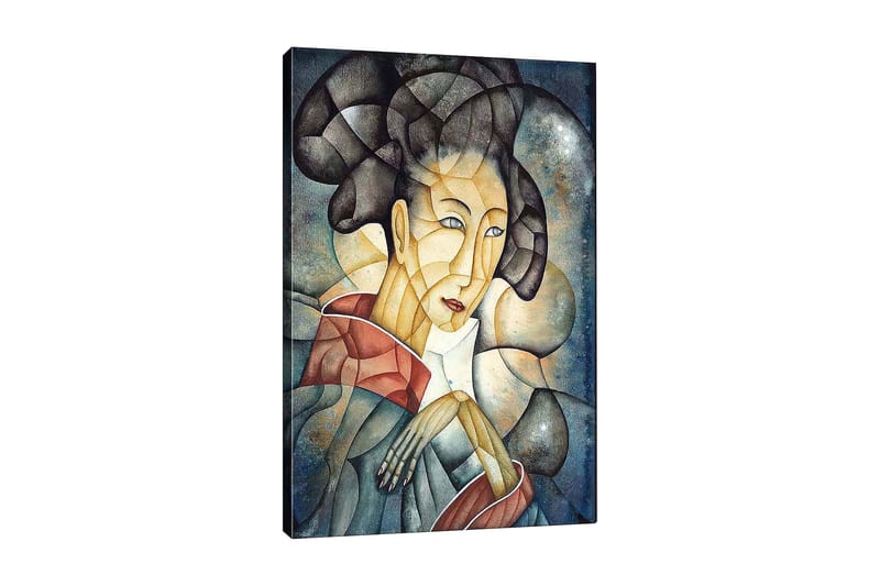 Lerretsbilde 70x100 cm - Stilisert kvinne med tradisjonelle klær og en tankefull positur, Mørk blå / Beige / Rød