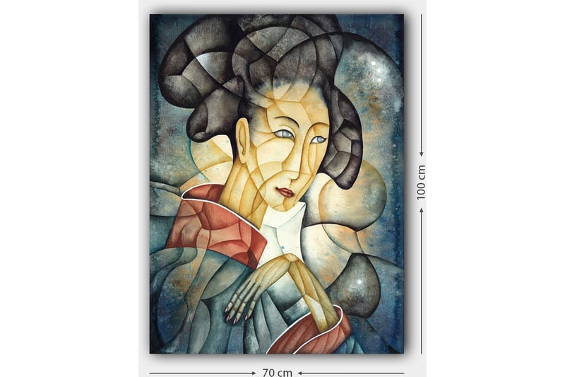 Lerretsbilde 70x100 cm - Stilisert kvinne med tradisjonelle klær og en tankefull positur - Mørk blå / Beige / Rød - Interiør - Maleri & posters - Lerretsbilder