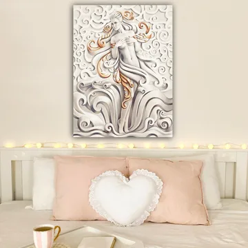 Lerretsbilde 70x100 cm - Stilisert kvinne omgitt av svingende mønstre og ornamentikk - Hvit / Beige / Gull - Interiør - Maleri & posters - Lerretsbilder