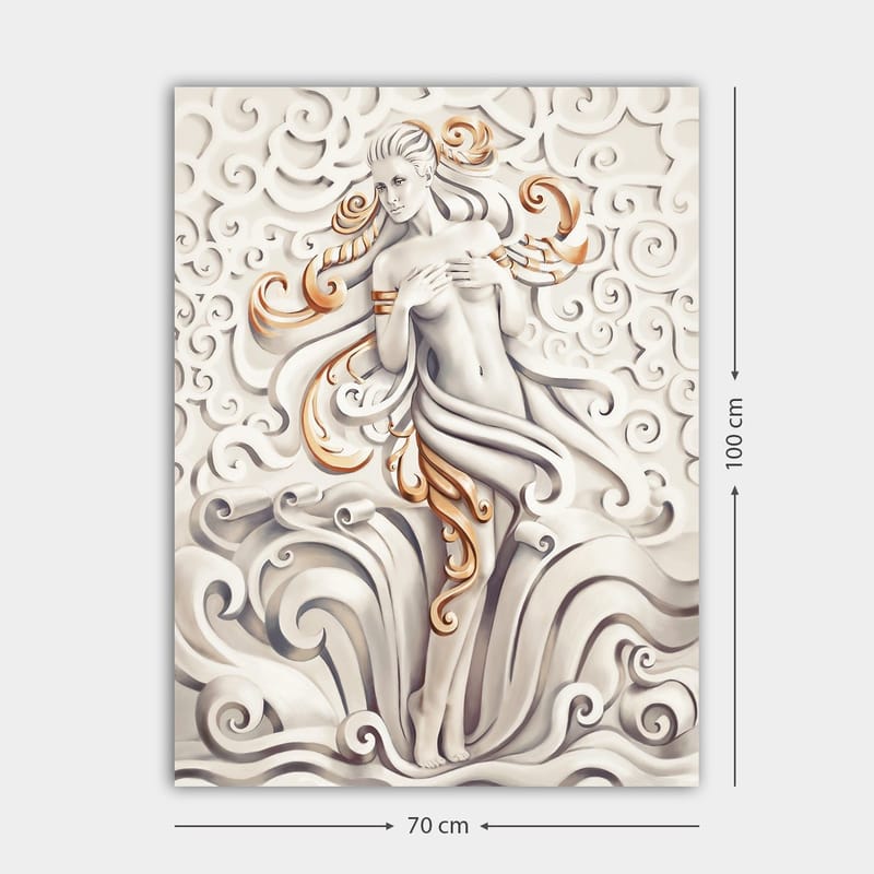 Lerretsbilde 70x100 cm - Stilisert kvinne omgitt av svingende mønstre og ornamentikk - Hvit / Beige / Gull - Interiør - Maleri & posters - Lerretsbilder