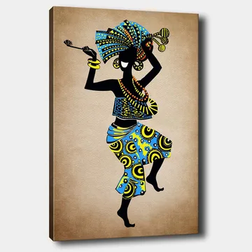 Lerretsbilde 70x100 cm - Stilisert kvinne som danser med fargerikt hodeplagg og klær, bærende en kurv - Blå / Svart / Gul - Interiør - Maleri & posters - Lerretsbilder