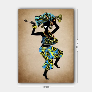 Lerretsbilde 70x100 cm - Stilisert kvinne som danser med fargerikt hodeplagg og klær, bærende en kurv - Blå / Svart / Gul - Interiør - Maleri & posters - Lerretsbilder