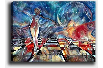 Lerretsbilde 70x100 cm - Stilisert kvinne som danser på en fargerik vei med svaiende former og mønstre - Blå / Rød / Hvit - Interiør - Maleri & posters - Lerretsbilder