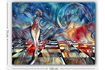 Lerretsbilde 70x100 cm - Stilisert kvinne som danser på en fargerik vei med svaiende former og mønstre - Blå / Rød / Hvit - Interiør - Maleri & posters - Lerretsbilder