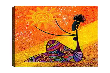 Lerretsbilde 70x100 cm - Stilisert kvinne som holder en sol i hånden, omgitt av fargerike mønstre - Oransje / Svart / Lilla - Interiør - Maleri & posters - Lerretsbilder