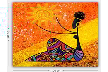 Lerretsbilde 70x100 cm - Stilisert kvinne som holder en sol i hånden, omgitt av fargerike mønstre - Oransje / Svart / Lilla - Interiør - Maleri & posters - Lerretsbilder