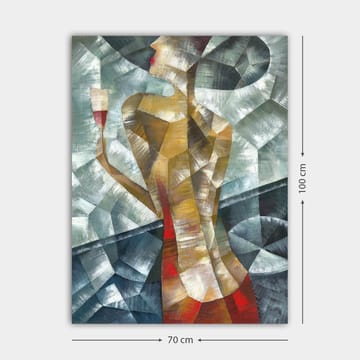Lerretsbilde 70x100 cm - Stilisert kvinne som holder et glass, omgitt av geometriske former og farger - Rød / Beige / Grå - Interiør - Maleri & posters - Lerretsbilder
