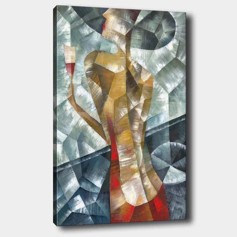 Lerretsbilde 70x100 cm - Stilisert kvinne som holder et glass, omgitt av geometriske former og farger, Rød / Beige / Grå