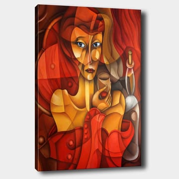 Lerretsbilde 70x100 cm - Stilisert kvinne som holder et glass, omgitt av varme røde og oransje toner - Rød / Oransje / Beige - Interiør - Maleri & posters - Lerretsbilder