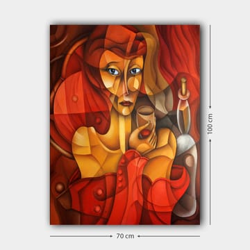 Lerretsbilde 70x100 cm - Stilisert kvinne som holder et glass, omgitt av varme røde og oransje toner - Rød / Oransje / Beige - Interiør - Maleri & posters - Lerretsbilder