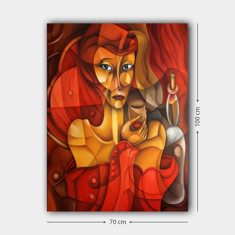 Lerretsbilde 70x100 cm - Stilisert kvinne som holder et glass, omgitt av varme røde og oransje toner - Rød / Oransje / Beige - Interiør - Maleri & posters - Lerretsbilder