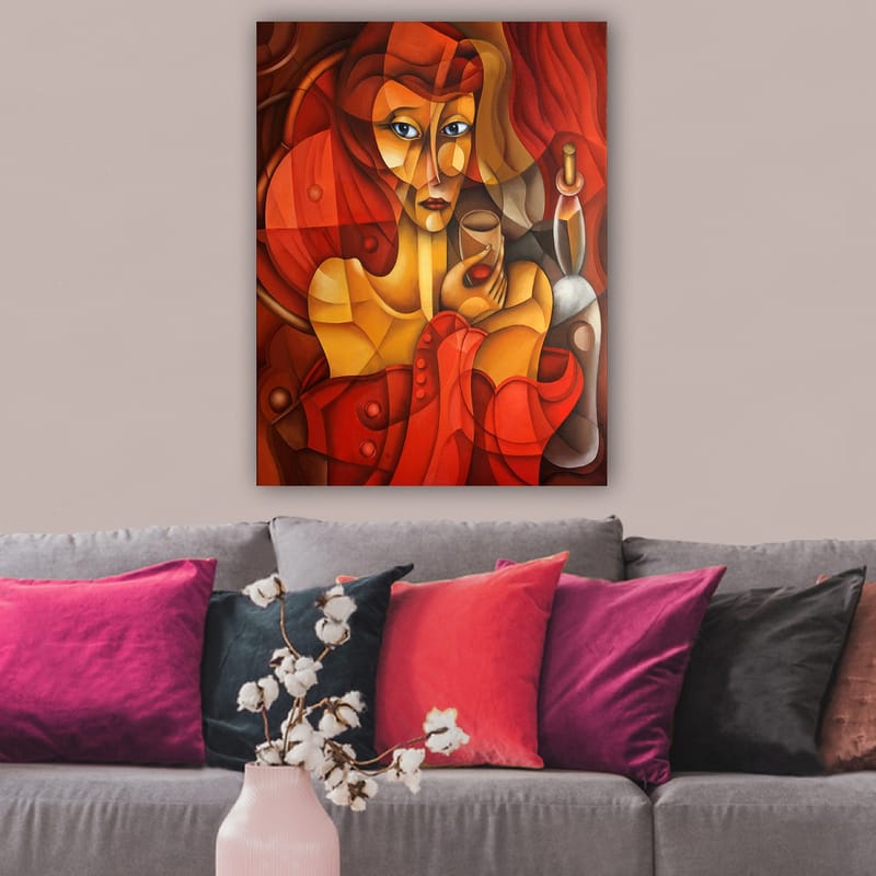 Lerretsbilde 70x100 cm - Stilisert kvinne som holder et glass, omgitt av varme røde og oransje toner - Rød / Oransje / Beige - Interiør - Maleri & posters - Lerretsbilder