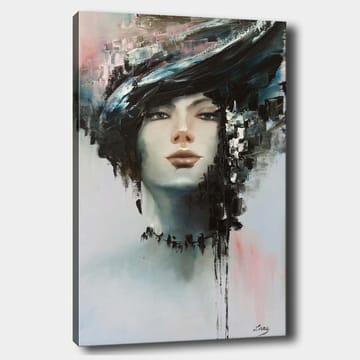 Lerretsbilde 70x100 cm - Stilisert kvinneansikt med dramatisk frisyre i svart og grått - Svart / Grå / Beige - Interiør - Maleri & posters - Lerretsbilder
