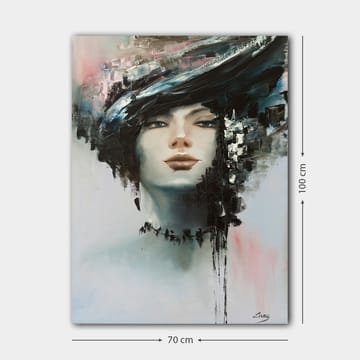 Lerretsbilde 70x100 cm - Stilisert kvinneansikt med dramatisk frisyre i svart og grått - Svart / Grå / Beige - Interiør - Maleri & posters - Lerretsbilder