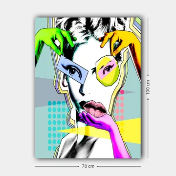 Lerretsbilde 70x100 cm - Stilisert kvinneansikt med fargerike hender som samhandler med ansiktet - Grønn / Rosa / Gul - Interiør - Maleri & posters - Lerretsbilder