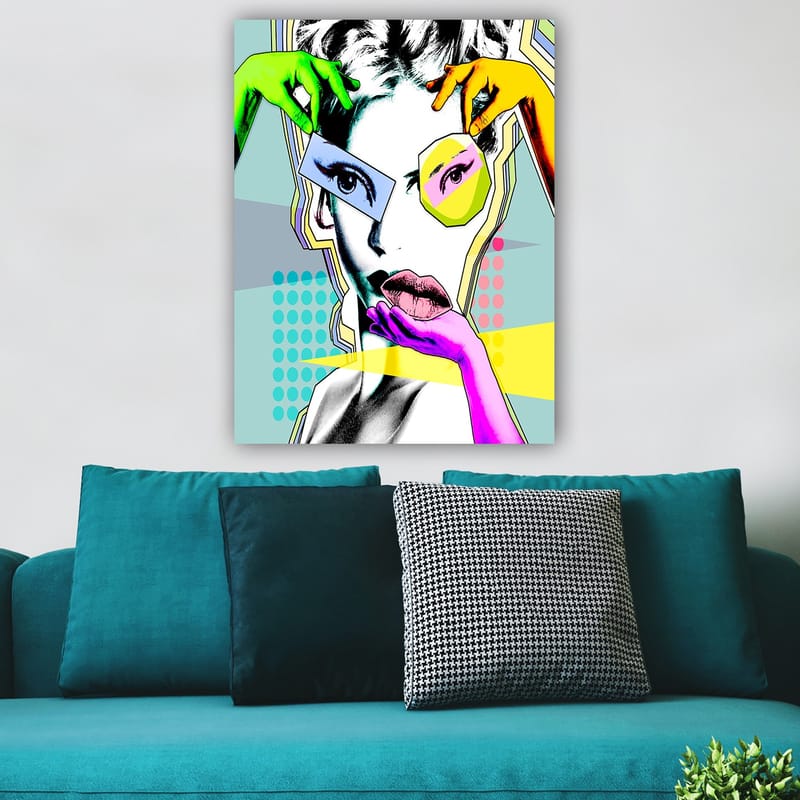 Lerretsbilde 70x100 cm - Stilisert kvinneansikt med fargerike hender som samhandler med ansiktet - Grønn / Rosa / Gul - Interiør - Maleri & posters - Lerretsbilder