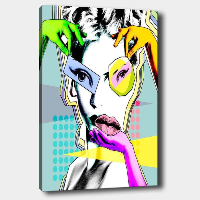 Lerretsbilde 70x100 cm - Stilisert kvinneansikt med fargerike hender som samhandler med ansiktet, Grønn / Rosa / Gul