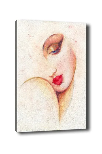 Lerretsbilde 70x100 cm - Stilisert kvinneansikt med fremtredende lepper og øyne - Rød / Beige / Brun - Interiør - Maleri & posters - Lerretsbilder