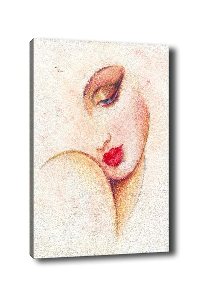 Lerretsbilde 70x100 cm - Stilisert kvinneansikt med fremtredende lepper og øyne, Rød / Beige / Brun