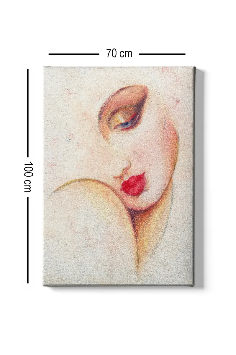 Lerretsbilde 70x100 cm - Stilisert kvinneansikt med fremtredende lepper og øyne - Rød / Beige / Brun - Interiør - Maleri & posters - Lerretsbilder
