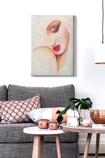 Lerretsbilde 70x100 cm - Stilisert kvinneansikt med fremtredende lepper og øyne - Rød / Beige / Brun - Interiør - Maleri & posters - Lerretsbilder