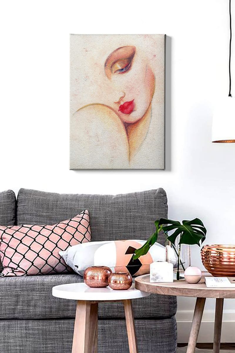 Lerretsbilde 70x100 cm - Stilisert kvinneansikt med fremtredende lepper og øyne - Rød / Beige / Brun - Interiør - Maleri & posters - Lerretsbilder