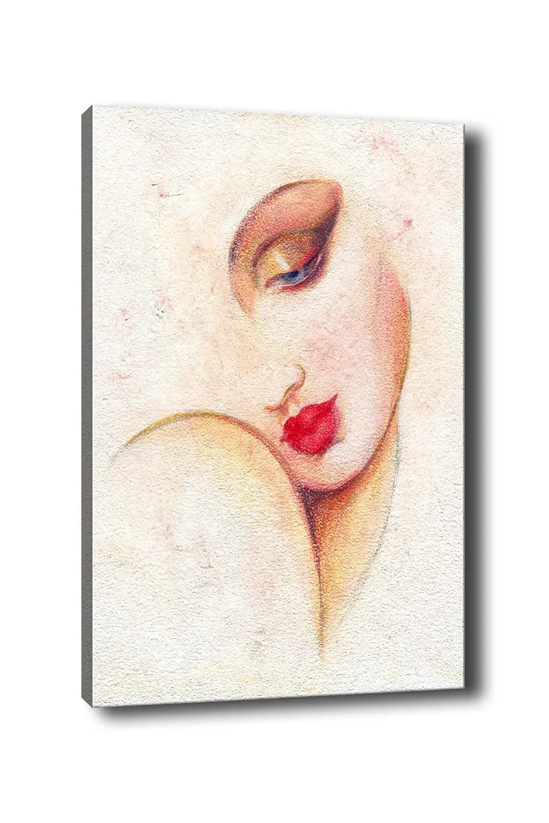 Lerretsbilde 70x100 cm - Stilisert kvinneansikt med fremtredende lepper og øyne, Rød / Beige / Brun