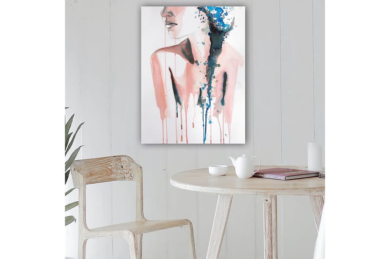 Lerretsbilde 70x100 cm - Stilisert kvinnesilhuett med fargede dråper som strømmer nedover, Rosa / Blå / Svart