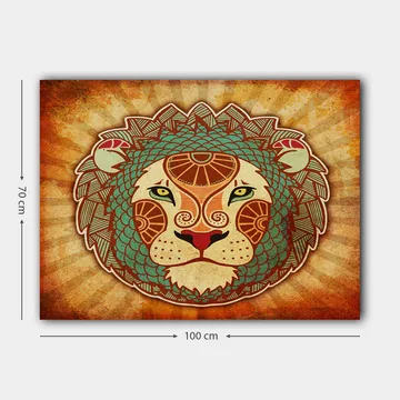 Lerretsbilde 70x100 cm - Stilisert løvehode med ornamentale detaljer - Oransje / Grønn / Beige - Interiør - Maleri & posters - Lerretsbilder