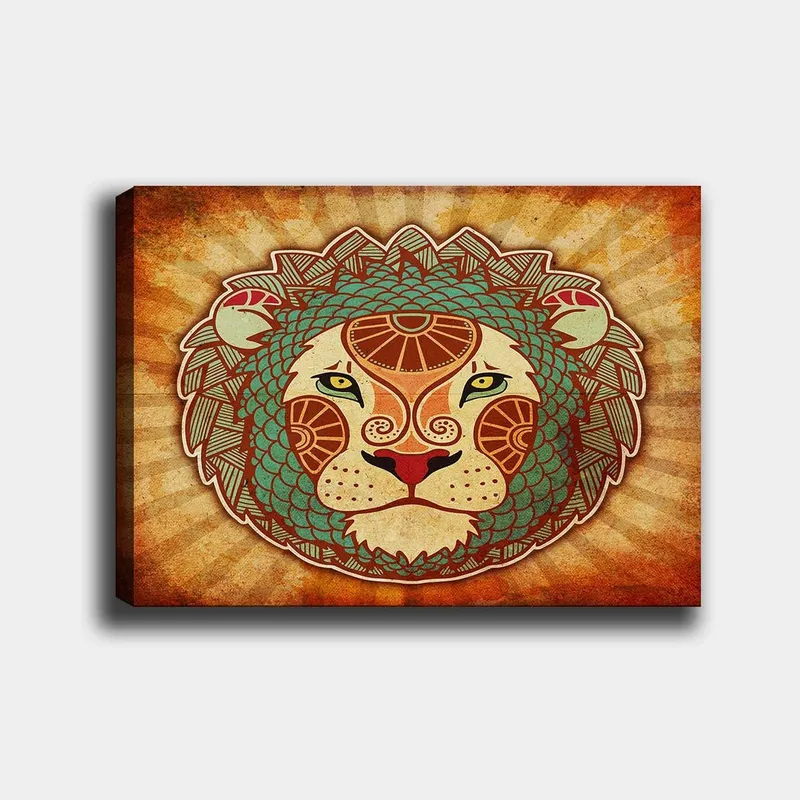 Lerretsbilde 70x100 cm - Stilisert løvehode med ornamentale detaljer, Oransje / Grønn / Beige
