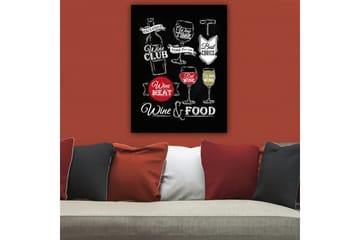 Lerretsbilde 70x100 cm - Stilisert maleri med motiver av vin, glass og matrelaterte tekster - Rød / Hvit / Svart - Interiør - Maleri & posters - Lerretsbilder