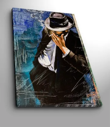 Lerretsbilde 70x100 cm - Stilisert mann i dress som røyker en sigarett, med en mystisk og nostalgisk atmosfære - Mørk blå / Svart / Hvit - Interiør - Maleri & posters - Lerretsbilder