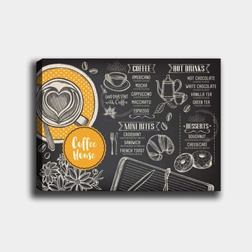 Lerretsbilde 70x100 cm - Stilisert meny for en kafé med en kopp kaffe og bakverk - Svart / Oransje / Hvit - Interiør - Maleri & posters - Lerretsbilder