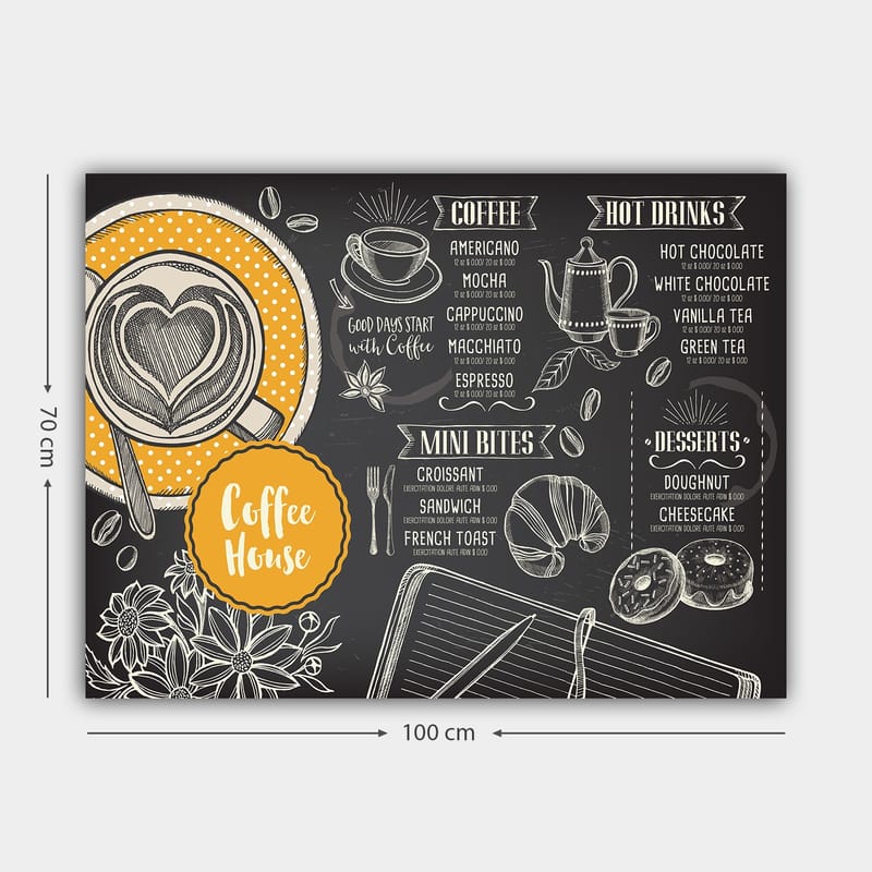 Lerretsbilde 70x100 cm - Stilisert meny for en kafé med en kopp kaffe og bakverk - Svart / Oransje / Hvit - Interiør - Maleri & posters - Lerretsbilder