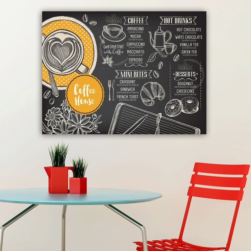 Lerretsbilde 70x100 cm - Stilisert meny for en kafé med en kopp kaffe og bakverk - Svart / Oransje / Hvit - Interiør - Maleri & posters - Lerretsbilder