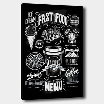 Lerretsbilde 70x100 cm - Stilisert meny med diverse hurtigmatretter og drikkevarer i svart-hvitt - Svart / Hvit / Grå - Interiør - Maleri & posters - Lerretsbilder