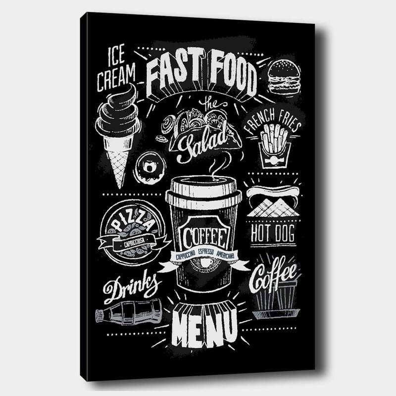 Lerretsbilde 70x100 cm - Stilisert meny med diverse hurtigmatretter og drikkevarer i svart-hvitt, Svart / Hvit / Grå