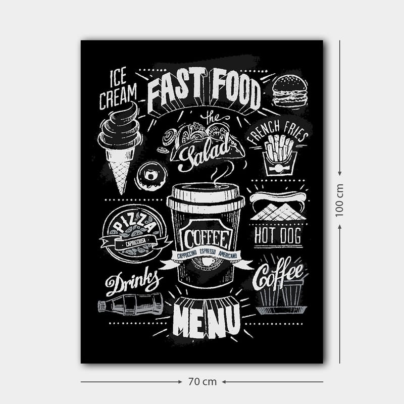 Lerretsbilde 70x100 cm - Stilisert meny med diverse hurtigmatretter og drikkevarer i svart-hvitt - Svart / Hvit / Grå - Interiør - Maleri & posters - Lerretsbilder