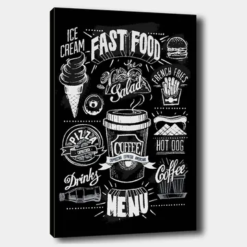 Lerretsbilde 70x100 cm - Stilisert meny med diverse hurtigmatretter og drikkevarer i svart-hvitt - Svart / Hvit / Grå - Interiør - Maleri & posters - Lerretsbilder
