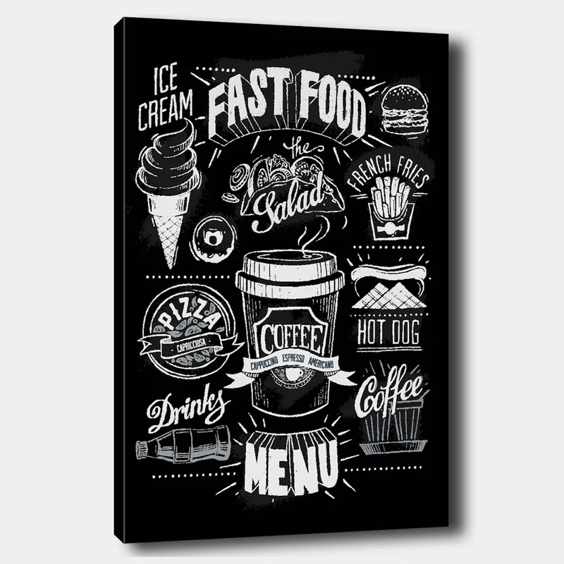 Lerretsbilde 70x100 cm - Stilisert meny med diverse hurtigmatretter og drikkevarer i svart-hvitt, Svart / Hvit / Grå