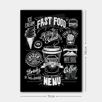 Lerretsbilde 70x100 cm - Stilisert meny med diverse hurtigmatretter og drikkevarer i svart-hvitt - Svart / Hvit / Grå - Interiør - Maleri & posters - Lerretsbilder