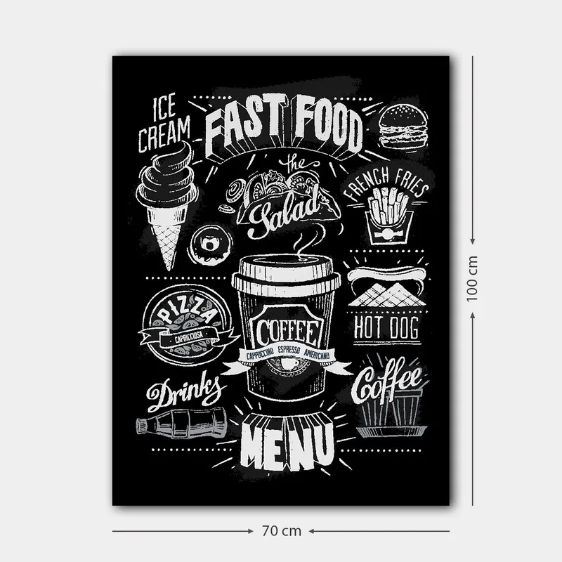 Lerretsbilde 70x100 cm - Stilisert meny med diverse hurtigmatretter og drikkevarer i svart-hvitt - Svart / Hvit / Grå - Interiør - Maleri & posters - Lerretsbilder
