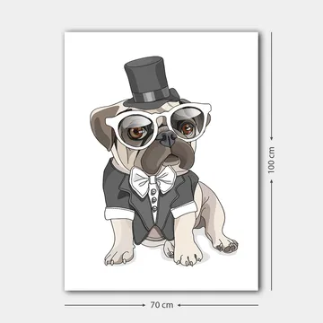 Lerretsbilde 70x100 cm - Stilisert mops kledd i frakk og hatt med store briller - Beige / Svart / Hvit - Interiør - Maleri & posters - Lerretsbilder