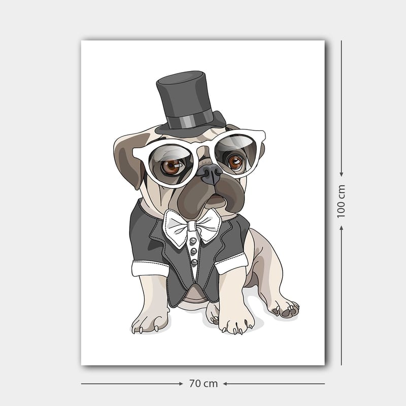 Lerretsbilde 70x100 cm - Stilisert mops kledd i frakk og hatt med store briller - Beige / Svart / Hvit - Interiør - Maleri & posters - Lerretsbilder