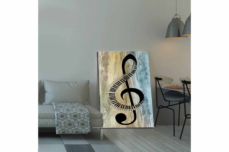 Lerretsbilde 70x100 cm - Stilisert musikalsk notesymbol med klaviaturdetaljer på en abstrakt bakgrunn, Svart / Grå / Beige